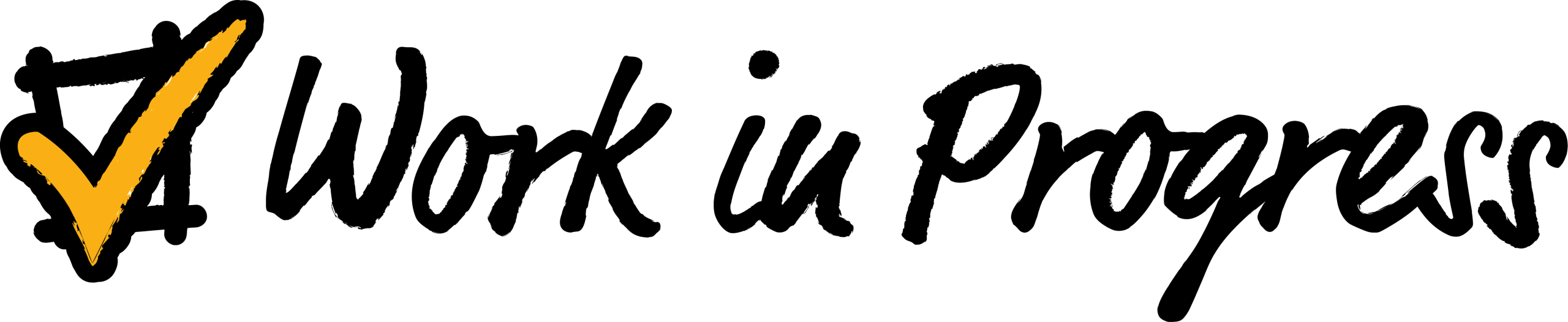 Work in Progress logo. A yellow checkmark in a black outlined box with "Work in Progress" in a handwritten font to the right of the checkmark.