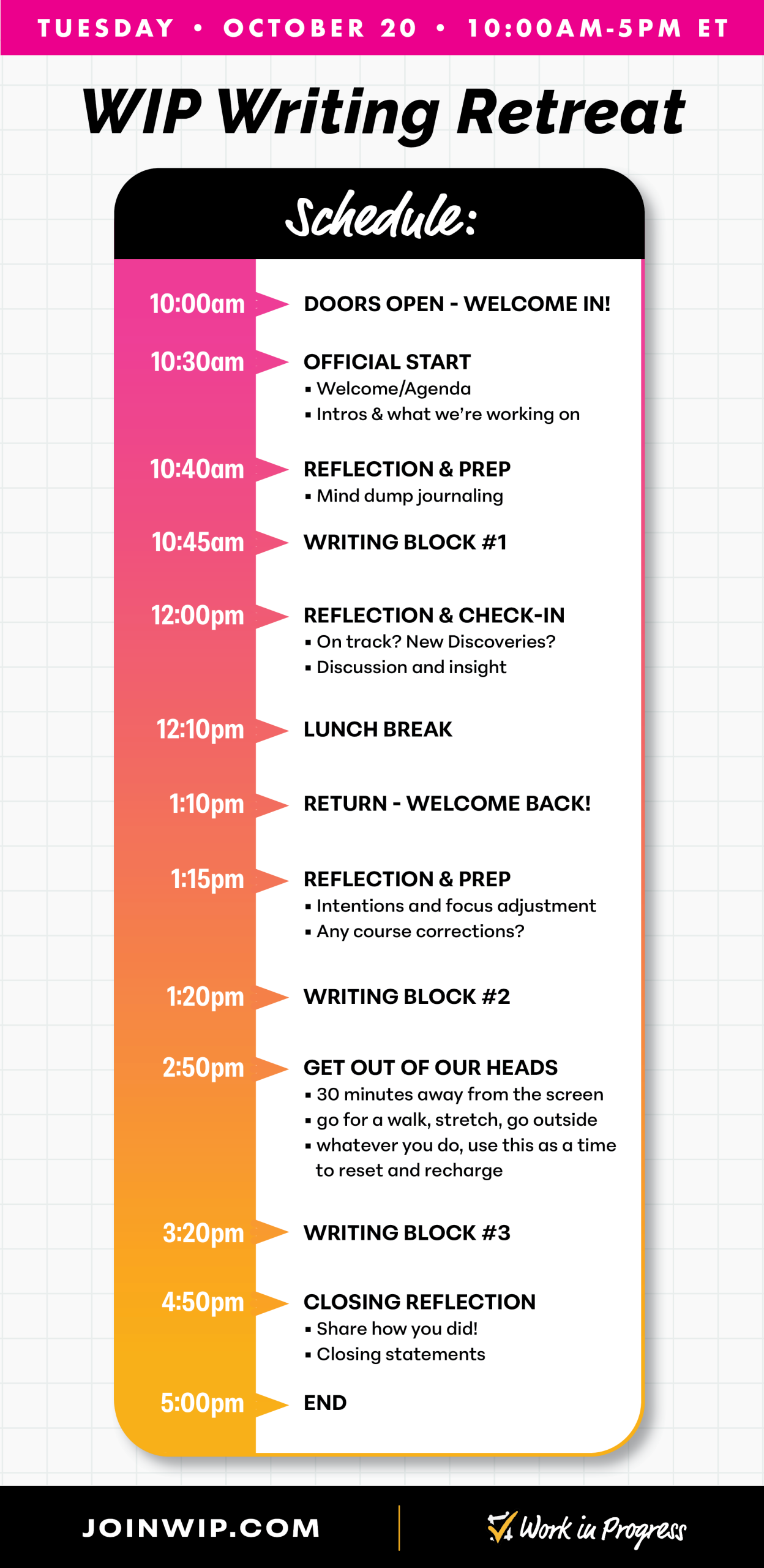 Schedule for the WIP Writing Retreat on 10/20/2026. Goes from 10am-5pm with three writing blocks and various discussions and breaks throughout.
